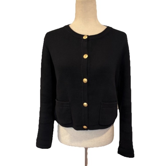J.Crew Emilie Patch Pocket Lady Jacket Cardigan Black Gold Button BQ197 Sz M - Picture 2 of 9